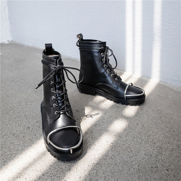 Description: Aamu Handmade Leather Lace Up Boots are all about attention to the finer details hand crafted perfect for winter with a plush lining. These ‘Aamu' ankle Lace Up Boots are crafted beautiful leather and have amazing metal detail on the top of the toes. Wear them casually with jeans or dresses.