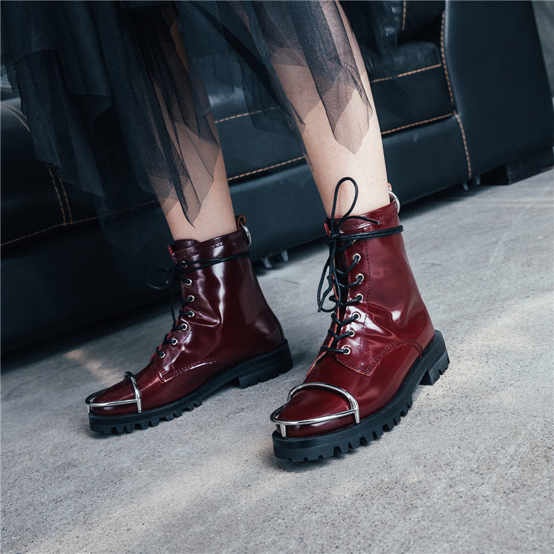  Description: Aamu Handmade Leather Lace Up Boots are all about attention to the finer details hand crafted perfect for winter with a plush lining. These ‘Aamu' ankle  Lace Up Boots are crafted beautiful  leather and have amazing metal detail on the top of the toes. Wear them casually with jeans  or dresses.