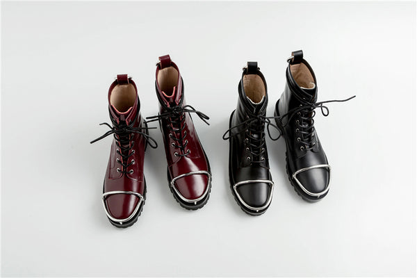 Description: Aamu Handmade Leather Lace Up Boots are all about attention to the finer details hand crafted perfect for winter with a plush lining. These ‘Aamu' ankle Lace Up Boots are crafted beautiful leather and have amazing metal detail on the top of the toes. Wear them casually with jeans or dresses.